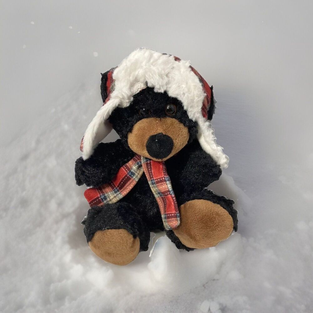 Hug Fun Plush Brown Teddy Bear 8" Red Plaid Hat Black Stuffed Animal